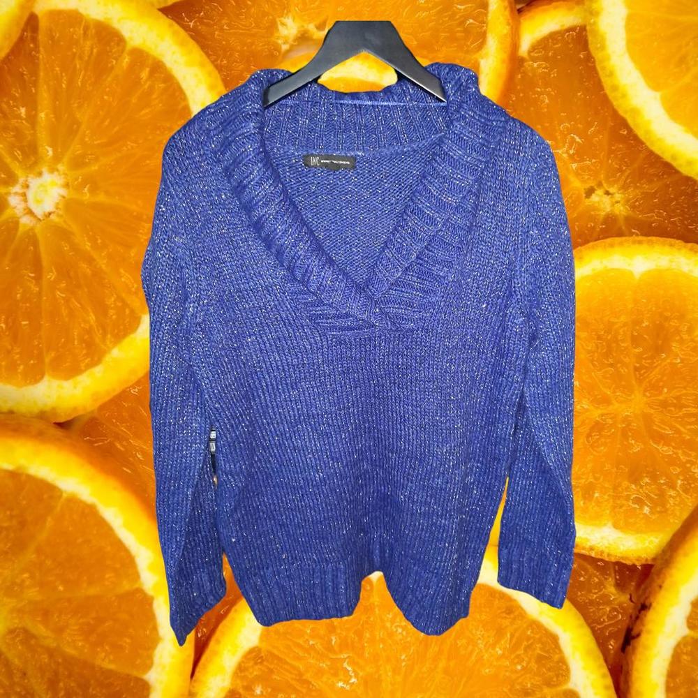 INC International Blue Knit Sweater with Gold Metallic Size Large